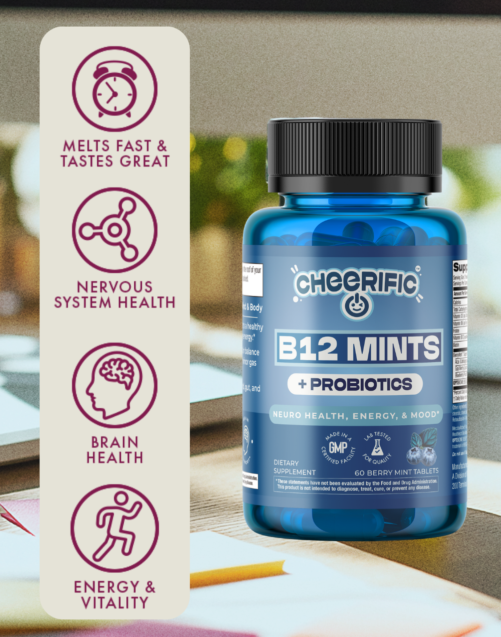 B12 Mints + Probiotics – 60 Berry Mint Tablets for energy and brain health, melts fast, supports nervous system.