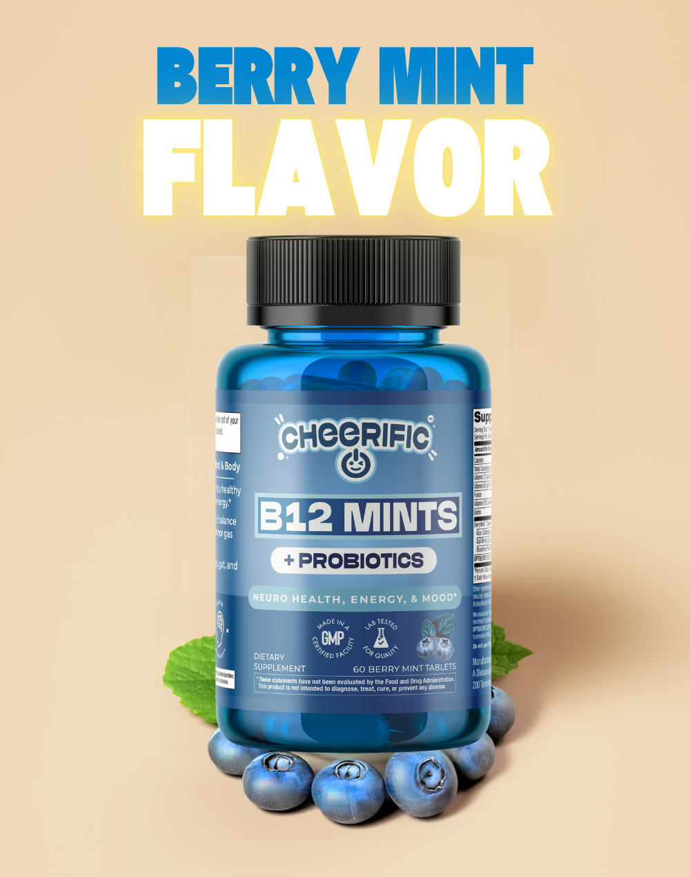 Berry mint B12 mints with probiotics bottle, promoting neuro health, energy, and mood in a vibrant blue package.