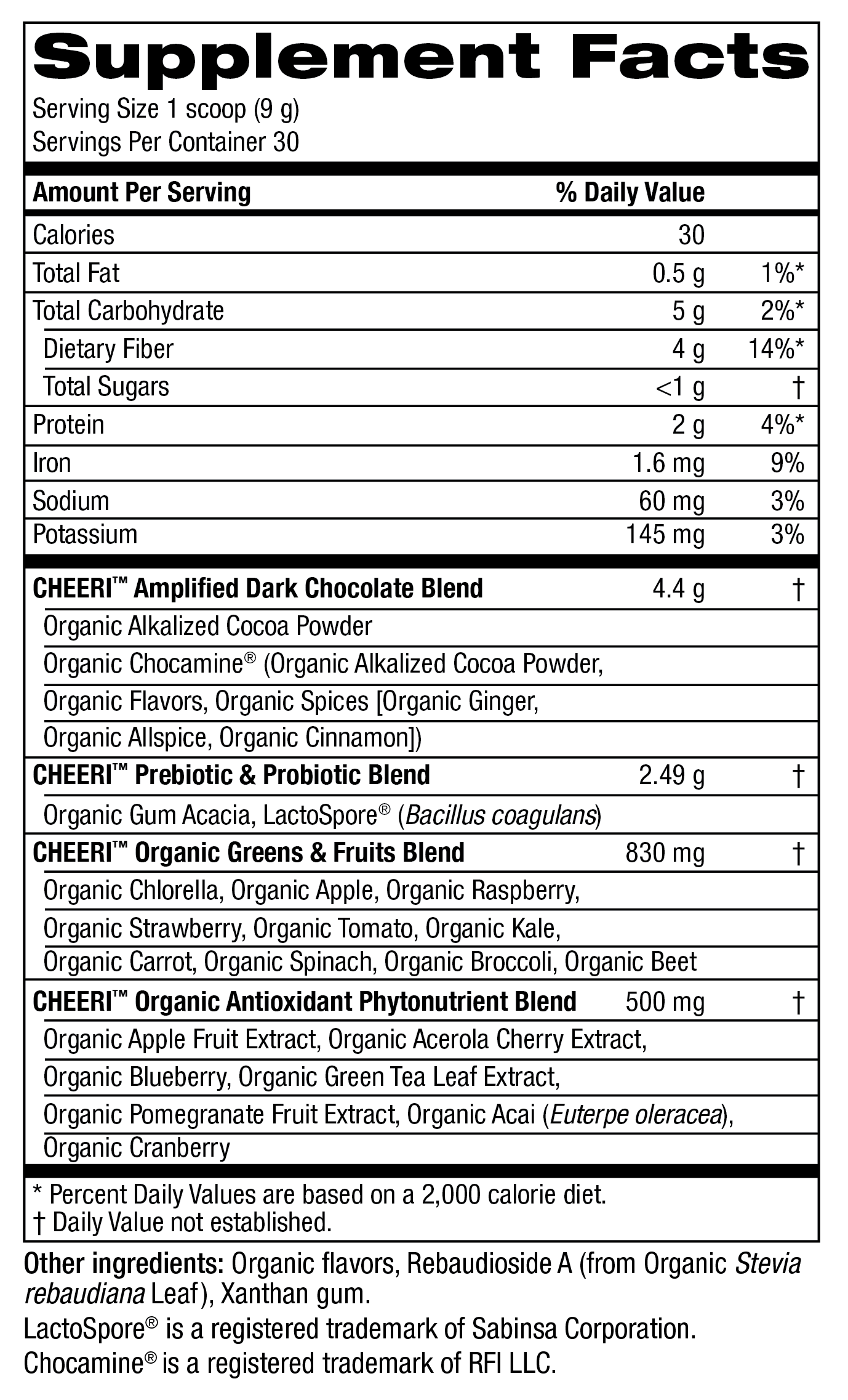 Supplement facts for CHEERi™ Organic Chocolate Elixir showing ingredients and nutritional information.