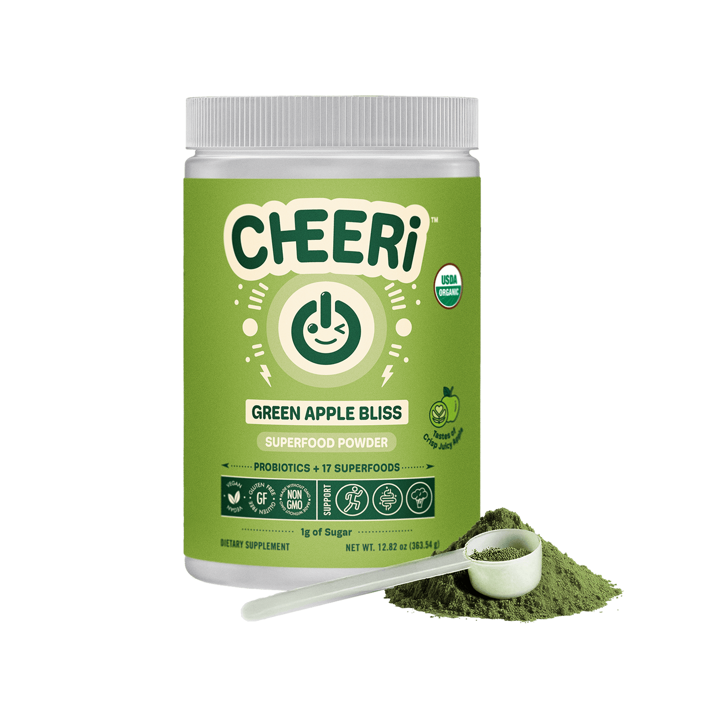 CHEERi Green Apple Bliss Superfood Powder with probiotics, 20+ superfoods, gut-friendly nutrients, and scoop.