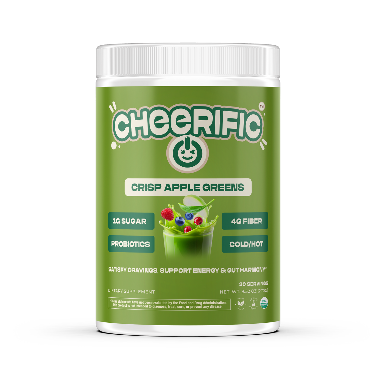 Crisp Apple Greens powder container by Cheerific featuring superfoods, probiotics, and 4g fiber for gut health.