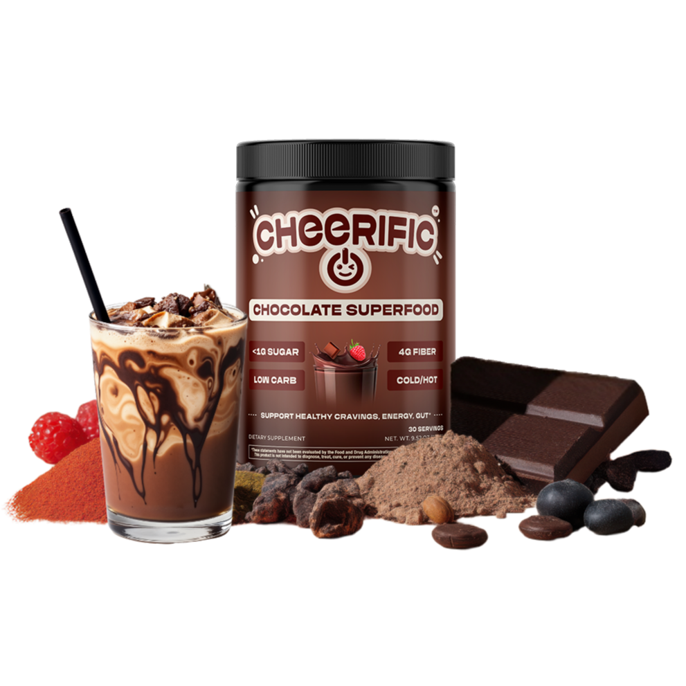 Cheerific Chocolate Superfood container with a chocolate drink and ingredients on a white background