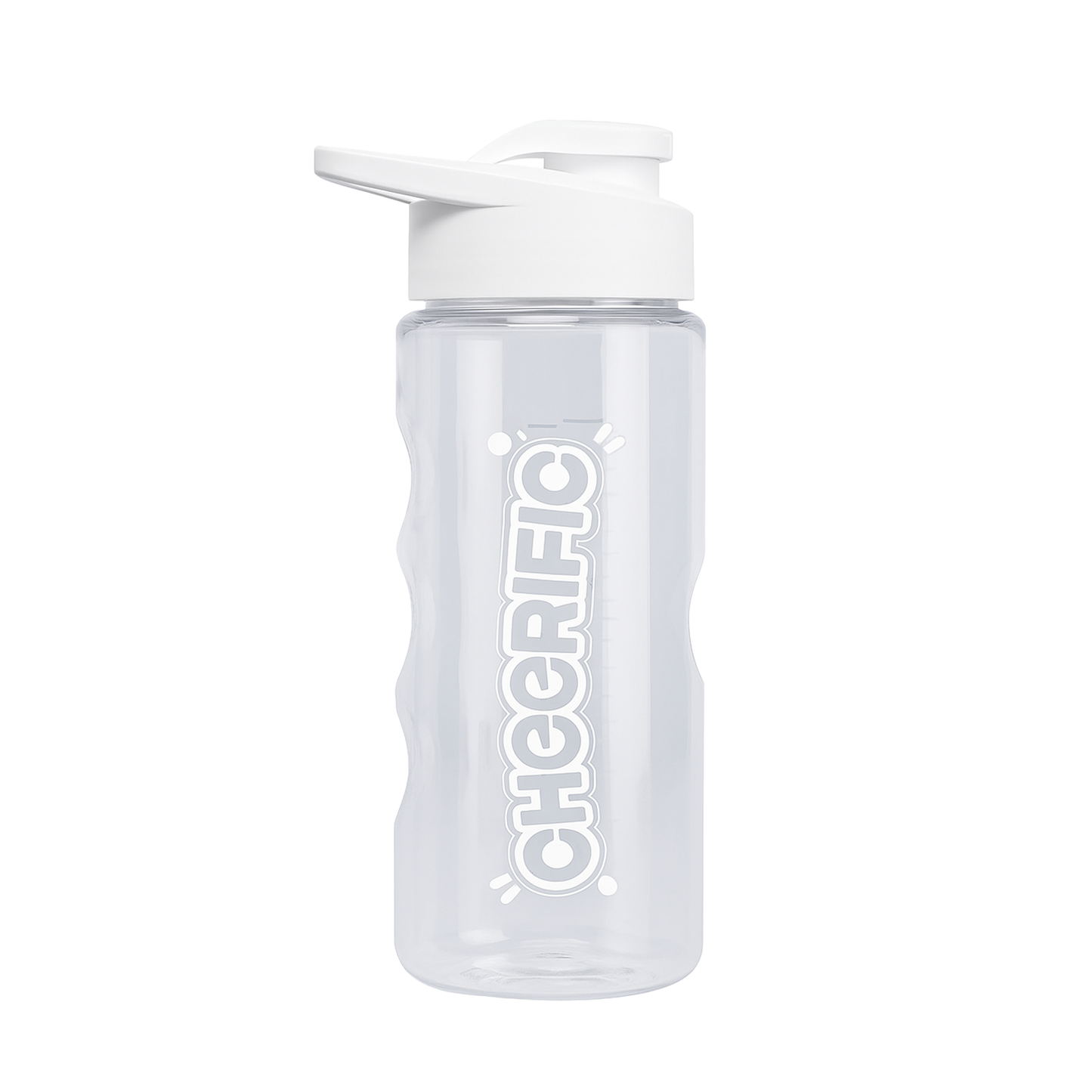 Clear plastic shaker bottle with a white flip-top lid, contoured grip sides, and a vertical “CHEERIFIC” logo in white on a white background.