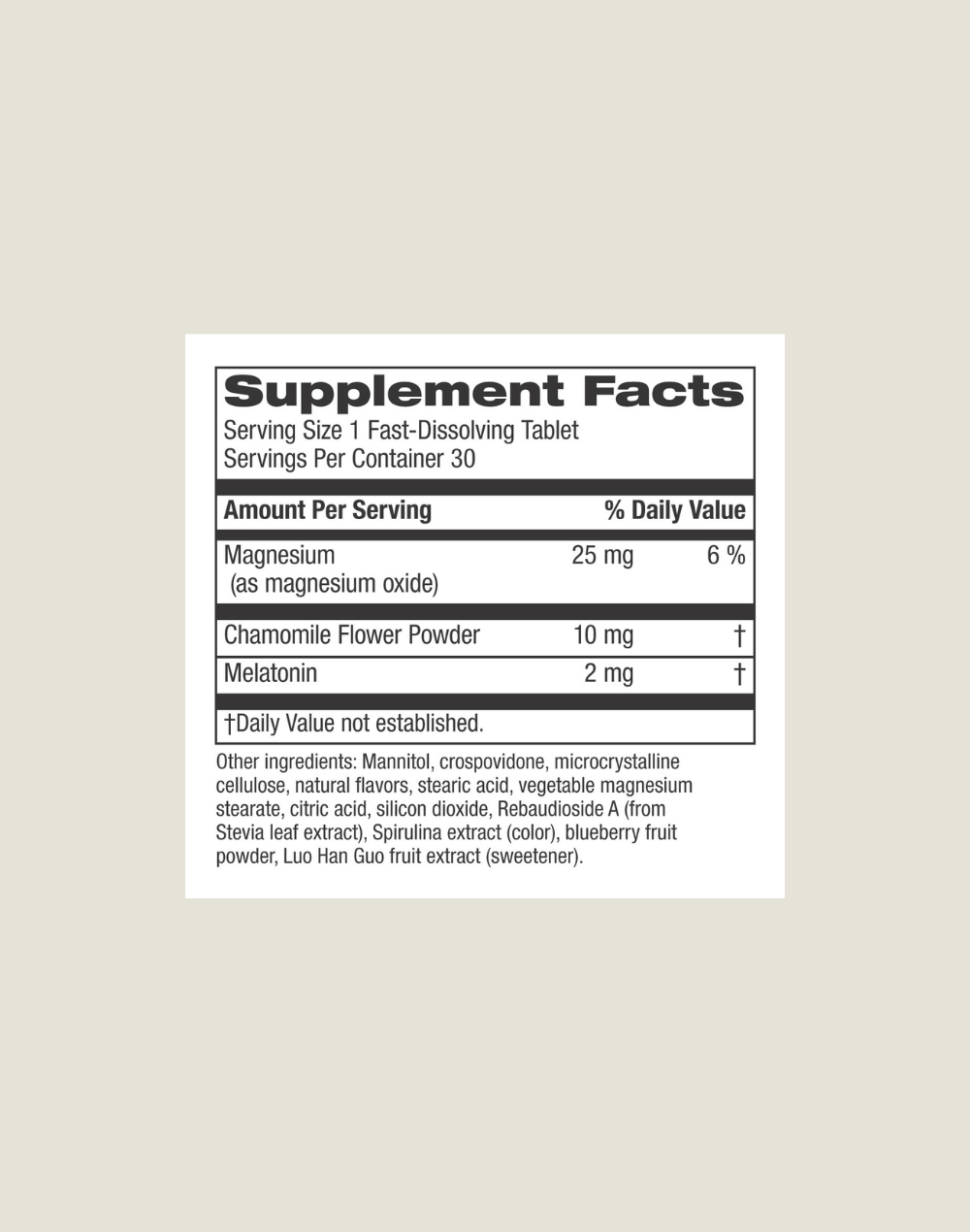 Supplement facts for CHEERi Berry Good Slumbers Melt showing magnesium, chamomile, and melatonin content.