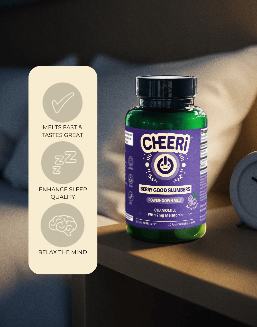CHEERi Berry Good Slumbers Melts for restful sleep with Chamomile, Melatonin, and Magnesium on bedside table.