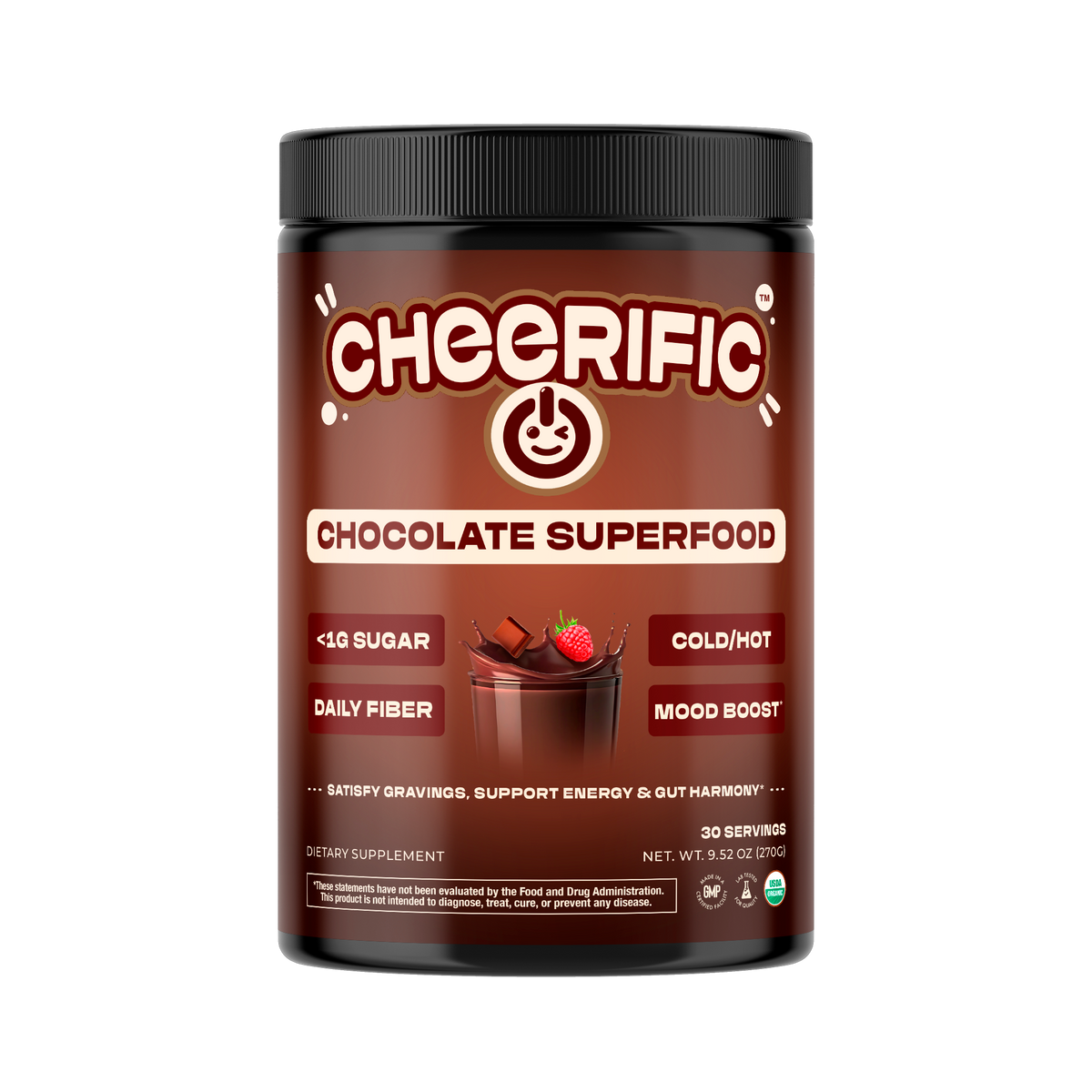 All Products - Cheerific Chocolate Superfood powder with <1g sugar, daily fiber, mood boost, supports energy and gut harmony.