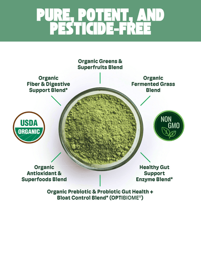 Image of Crisp Apple Greens highlighting its pure, potent, and pesticide-free formula with various organic blends.