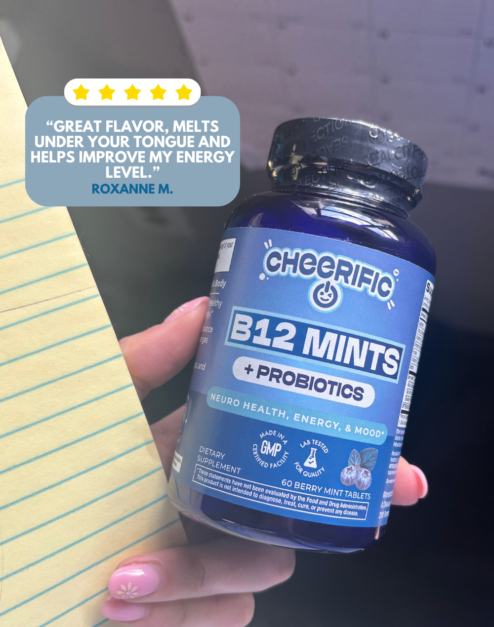 B12 Mints + Probiotics bottle with berry mint flavor, 60 tablets for energy and mood support.