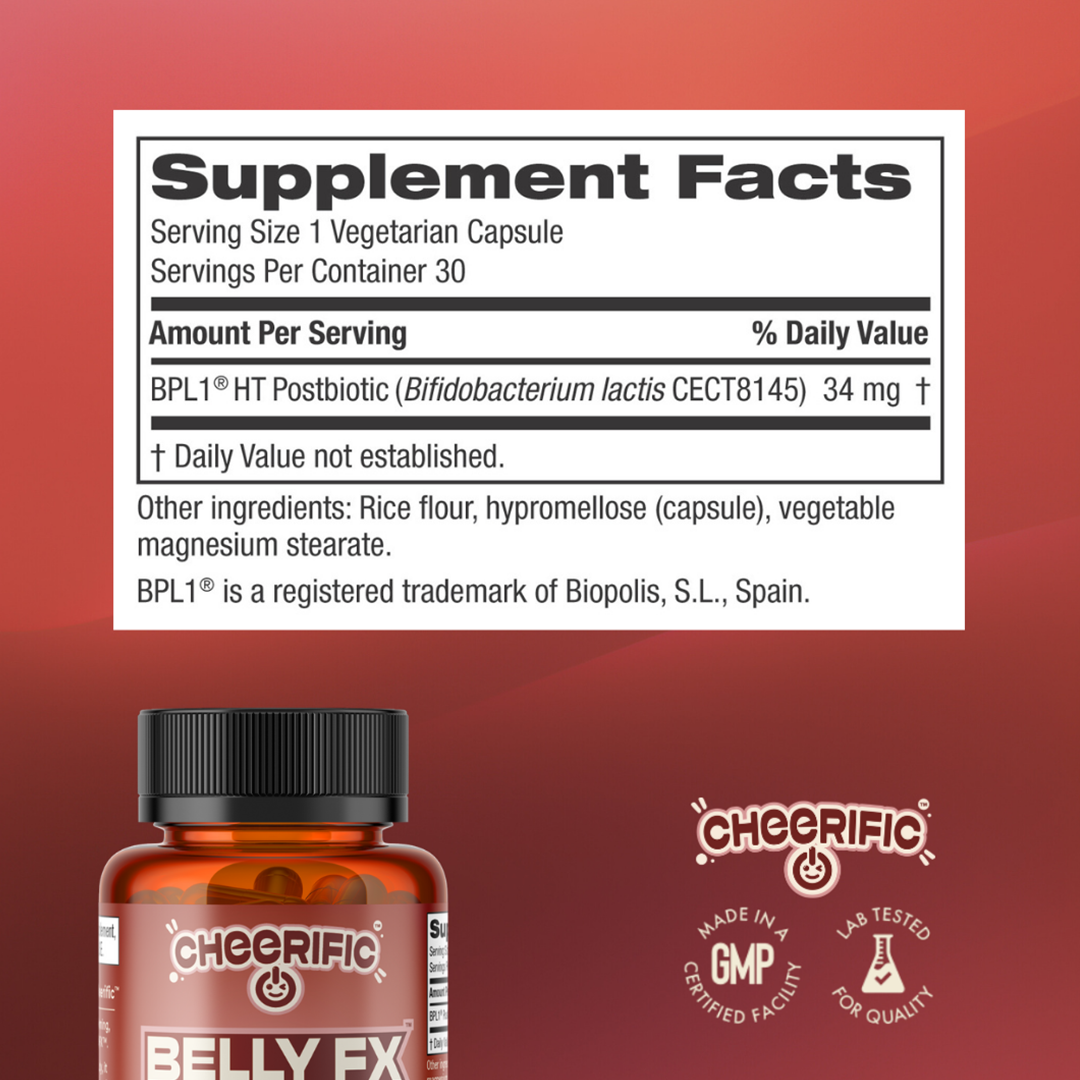 Bottle of Cheerific Belly FX with supplement facts label on a red background