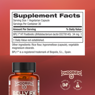 Bottle of Cheerific Belly FX with supplement facts label on a red background