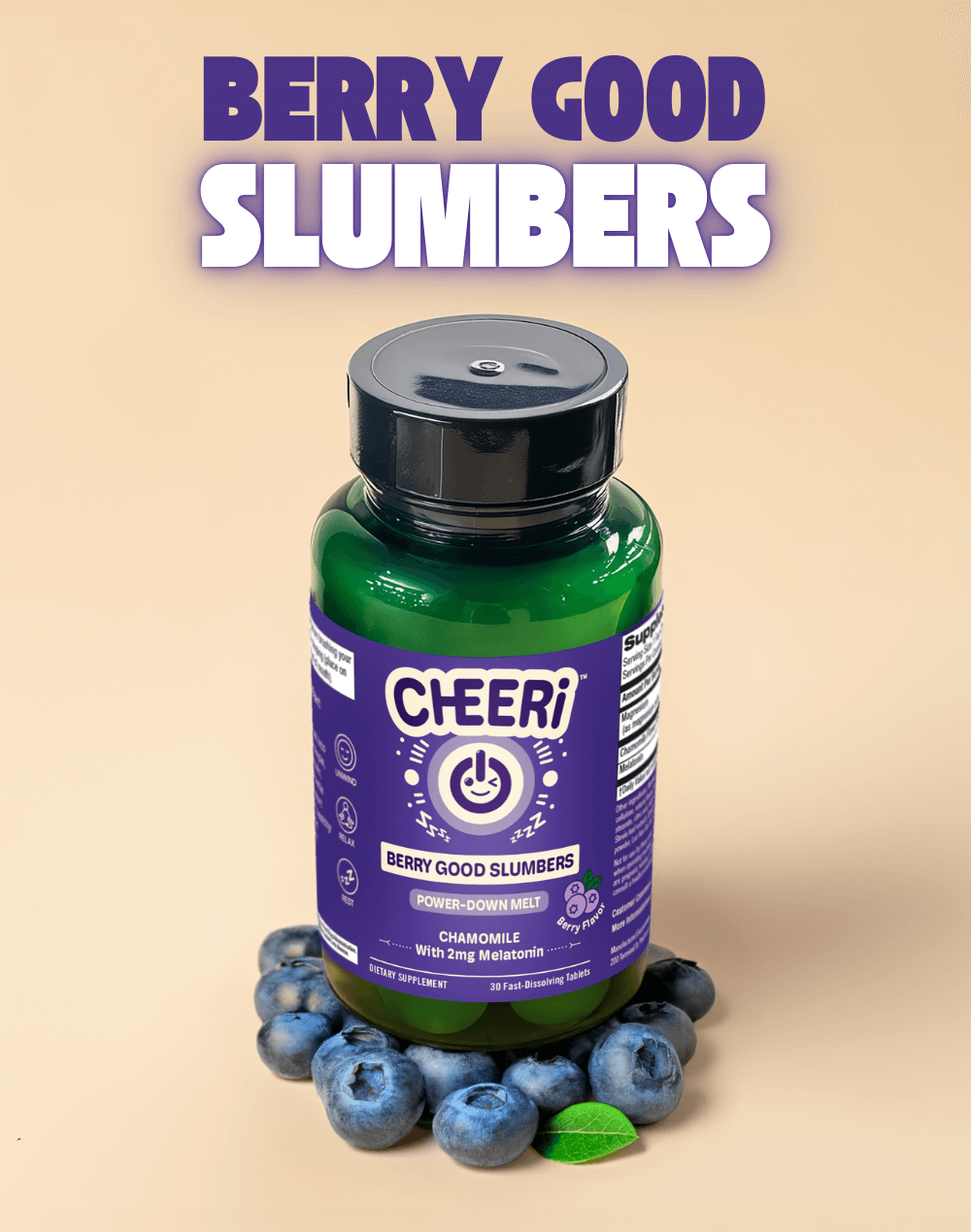 CHEERi Berry Good Slumbers supplement bottle with chamomile and melatonin for restful sleep.