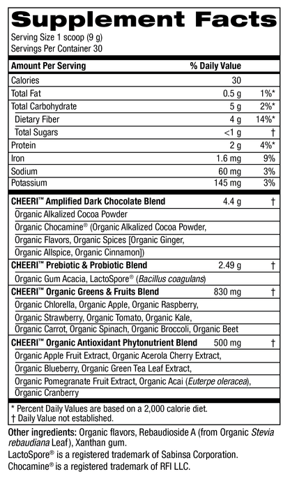 Supplement facts for CHEERi™ Organic Chocolate Elixir showing ingredients and nutritional information.