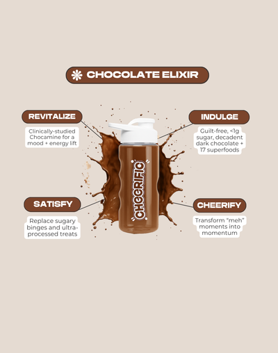 Chocolate elixir bottle with text on a beige background