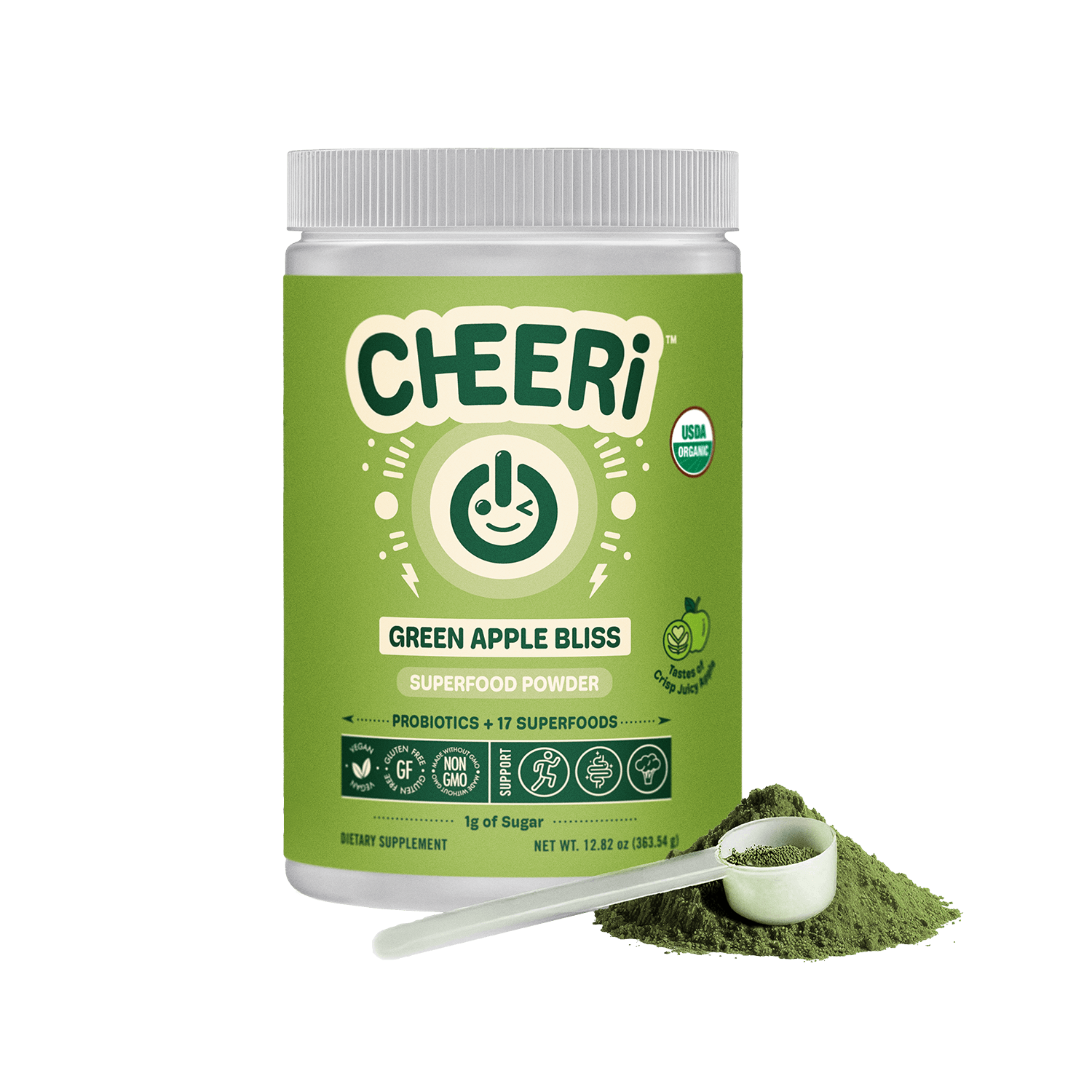 CHEERi Green Apple Bliss Superfood Powder with probiotics, 20+ superfoods, gut-friendly nutrients, and scoop.
