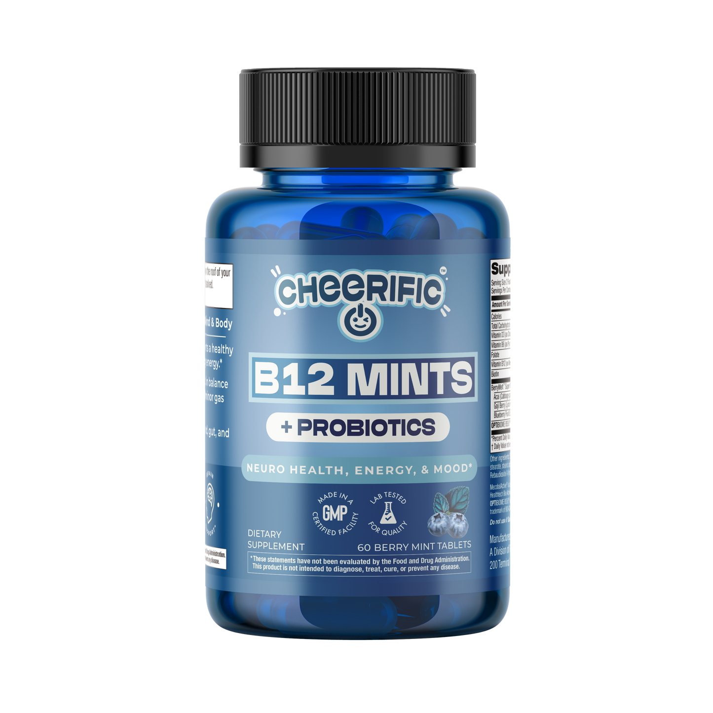 Blue bottle of Cheerific B12 Mints + Probiotics on a white background
