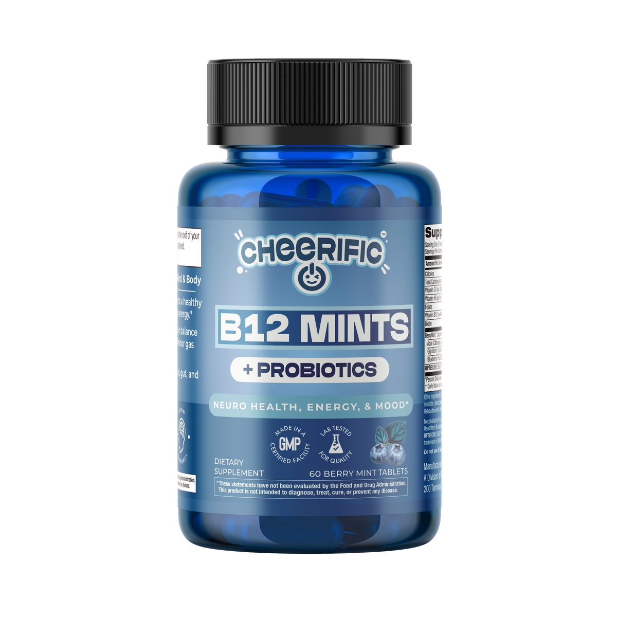 Blue bottle of Cheerific B12 Mints + Probiotics on a white background