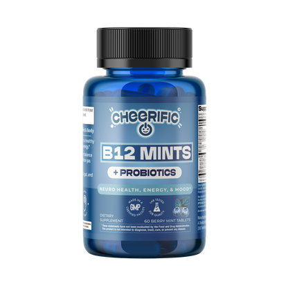 Blue bottle of Cheerific B12 Mints + Probiotics on a white background