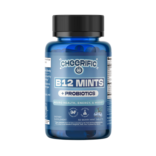 Blue bottle of Cheerific B12 Mints + Probiotics on a white background