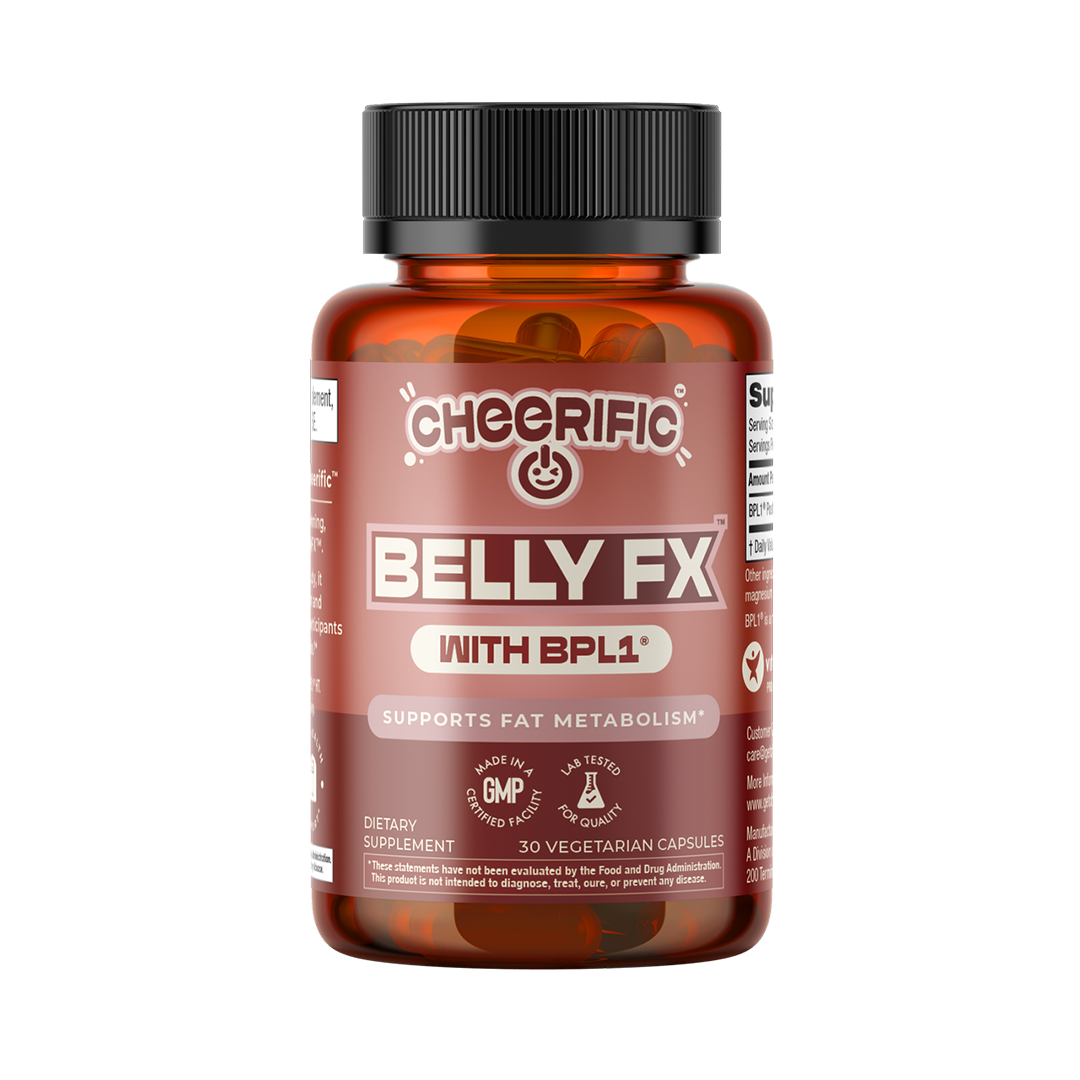 Bottle of Cheerific Belly FX dietary supplement on a white background