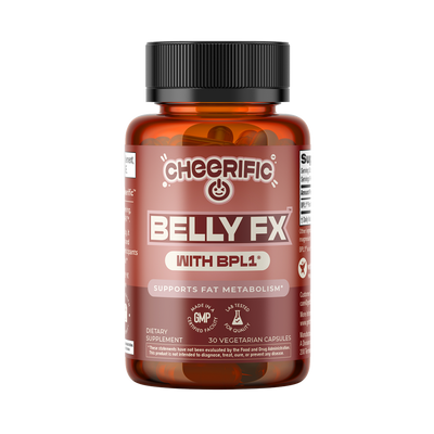 Bottle of Cheerific Belly FX dietary supplement on a white background