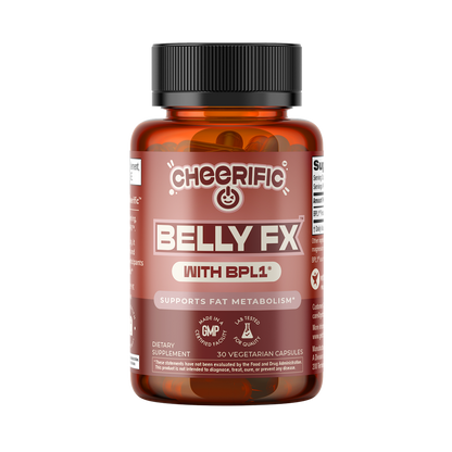 Bottle of Cheerific Belly FX dietary supplement on a white background