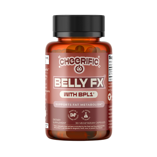 Bottle of Cheerific Belly FX dietary supplement on a white background