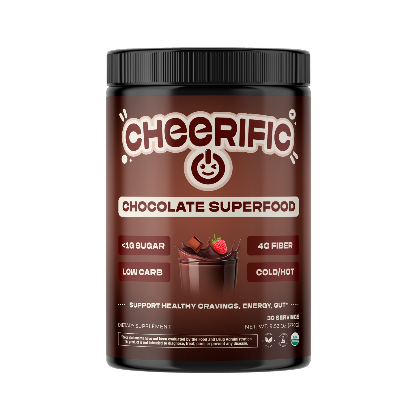 Jar of Cheerific Chocolate Superfood on a white background