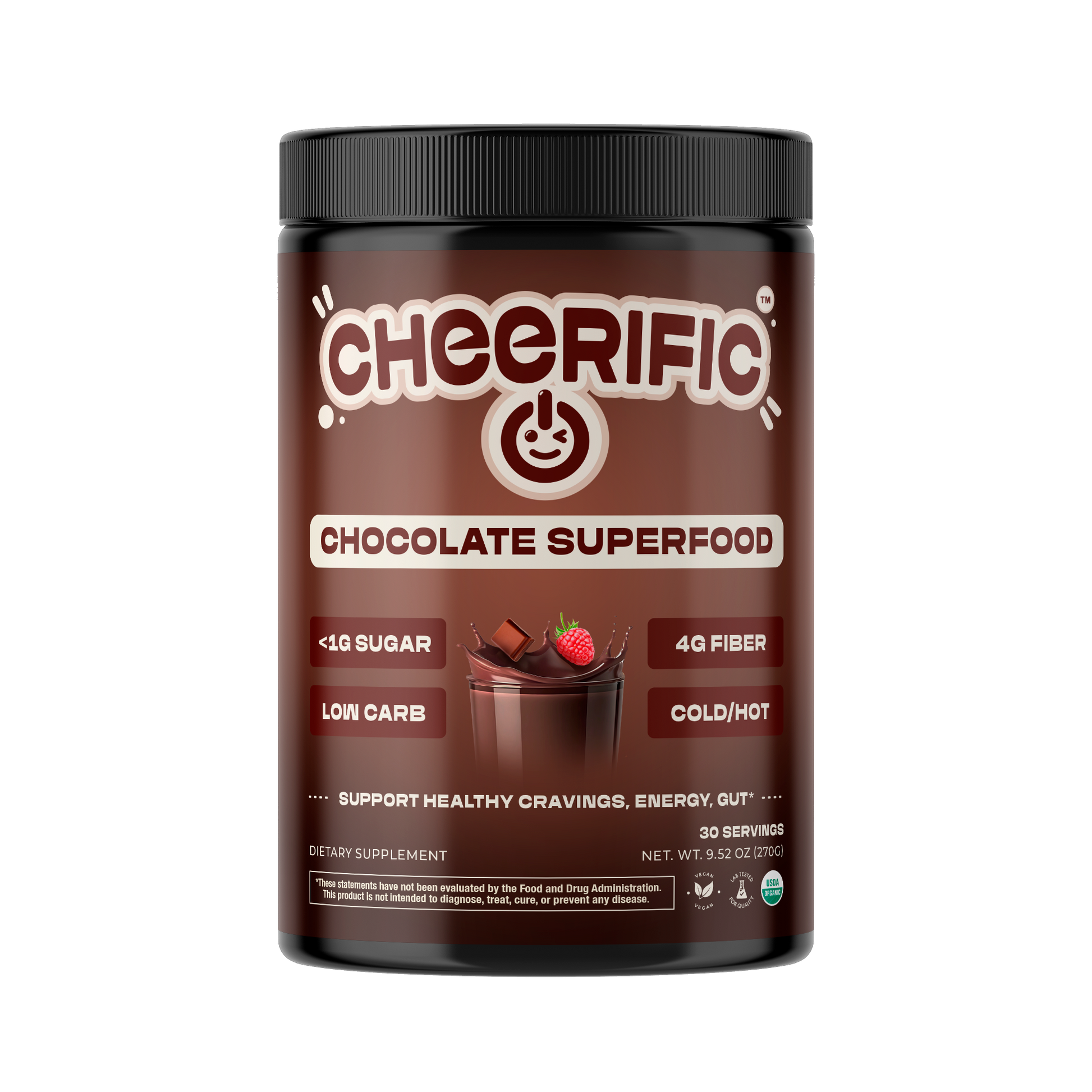 Jar of Cheerific Chocolate Superfood on a white background