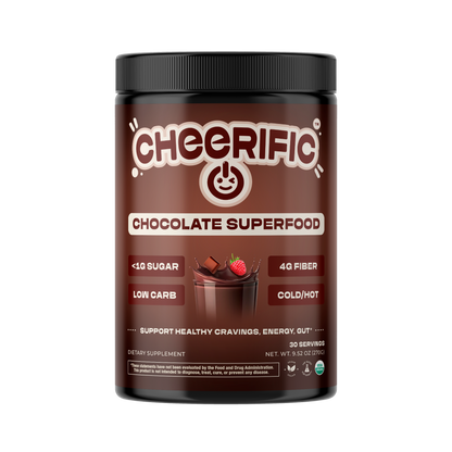 Jar of Cheerific Chocolate Superfood on a white background