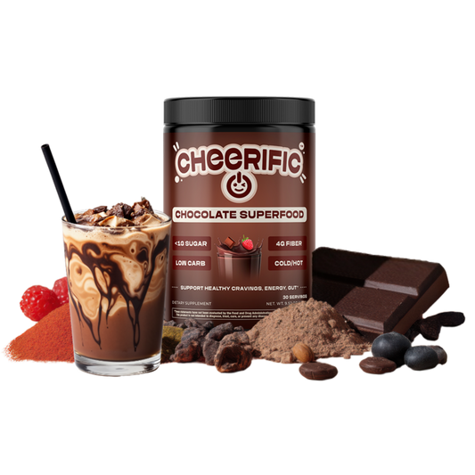 Cheerific Chocolate Superfood container with a chocolate drink and ingredients on a white background