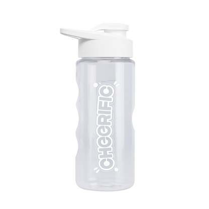 Clear plastic shaker bottle with a white flip-top lid, contoured grip sides, and a vertical “CHEERIFIC” logo in white on a white background.