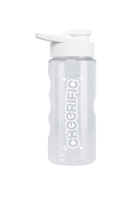 Clear water bottle with white cap and 'CHEERIFIC' logo on a white background