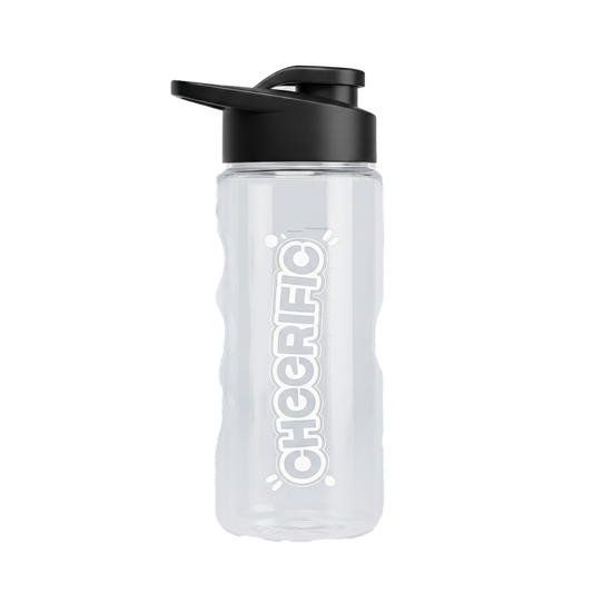 Clear shaker bottle with black lid, ideal for fitness enthusiasts, featuring Cheerific branding.
