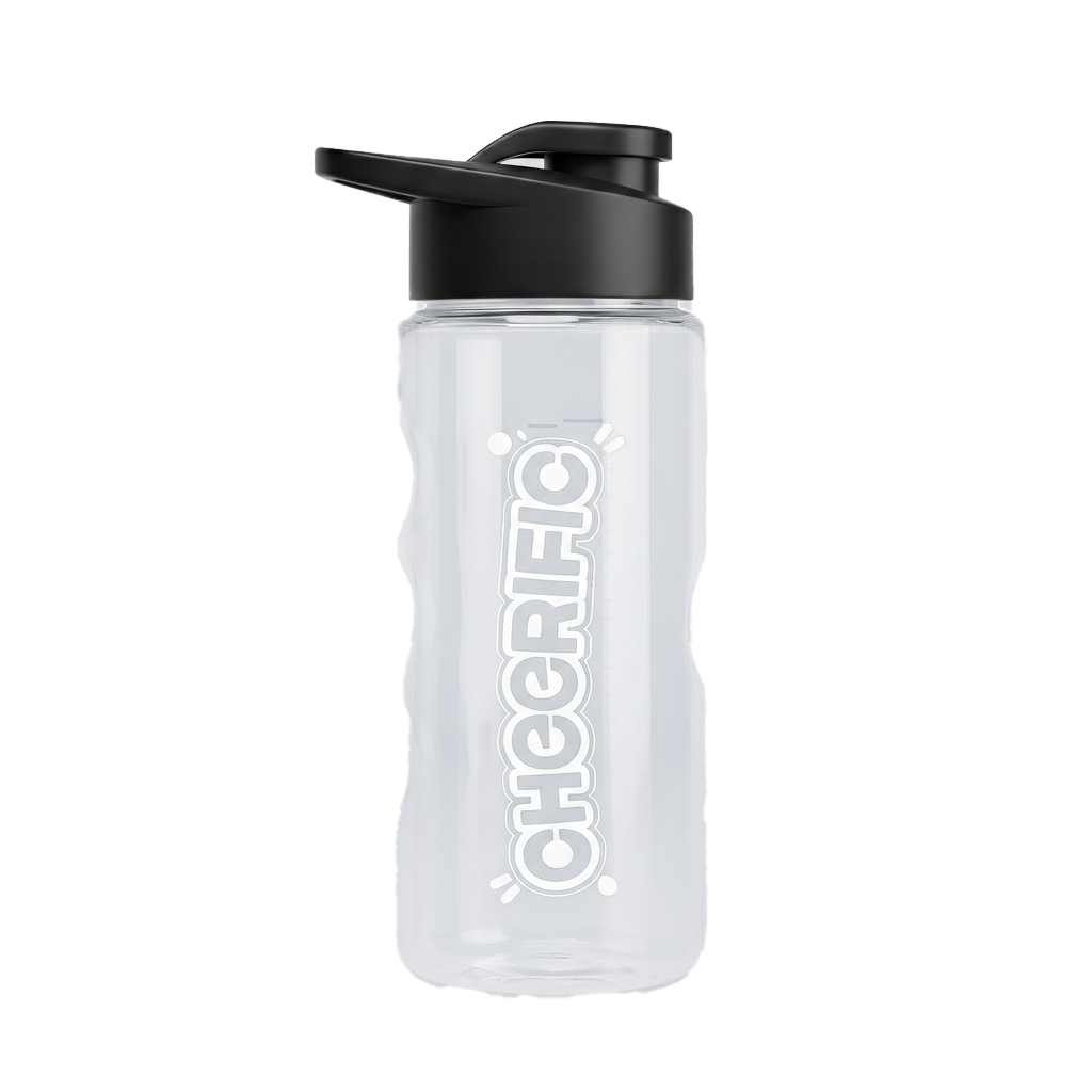 Clear shaker bottle with black lid, ideal for fitness enthusiasts, featuring Cheerific branding.