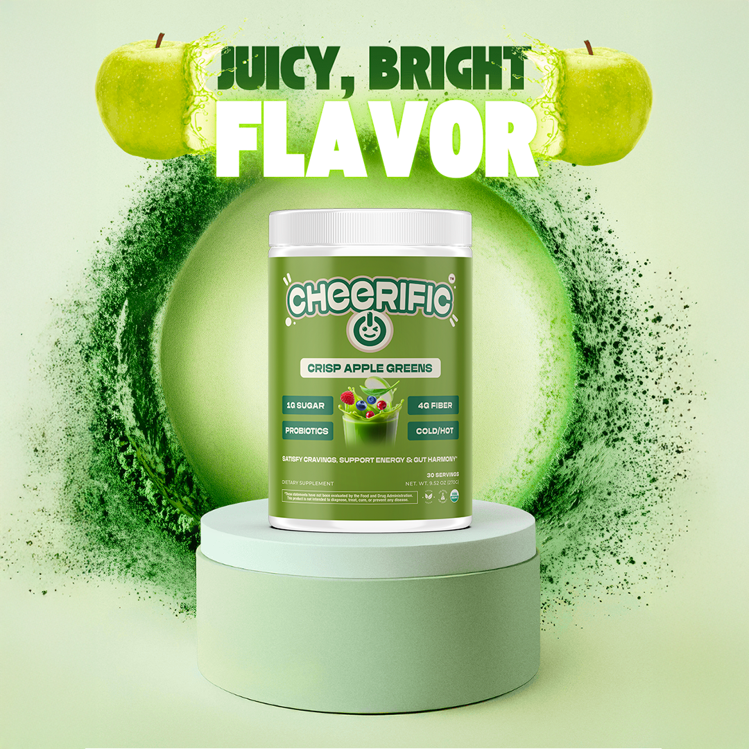 Crisp Apple Greens by Cheerific, a vibrant container showcasing superfoods and probiotics for health benefits.