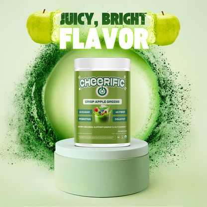 Crisp Apple Greens by Cheerific, a vibrant container showcasing superfoods and probiotics for health benefits.