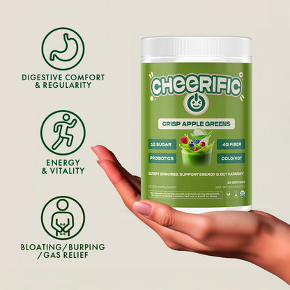 Crisp Apple Greens product canister with health benefits like digestive comfort, energy, and gas relief icons.