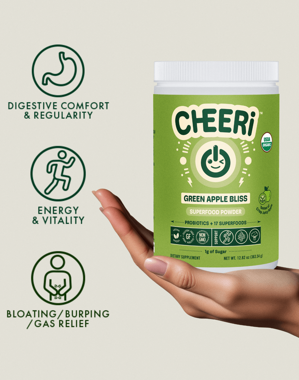 CHEERi Green Apple Bliss Elixir superfood powder for digestive comfort, energy, and bloating relief.