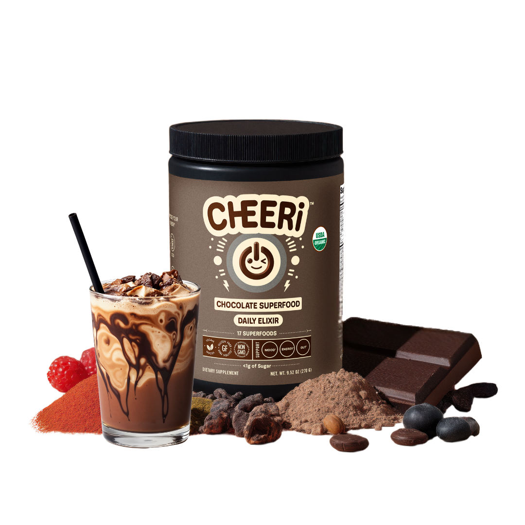CHEERi Organic Chocolate Elixir with chocolate superfoods, cacao, and a delicious drink featuring raspberries.