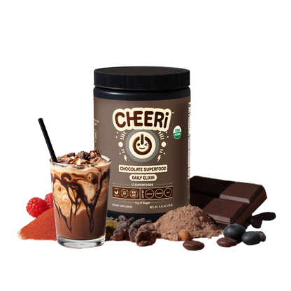 CHEERi Organic Chocolate Elixir with chocolate superfoods, cacao, and a delicious drink featuring raspberries.