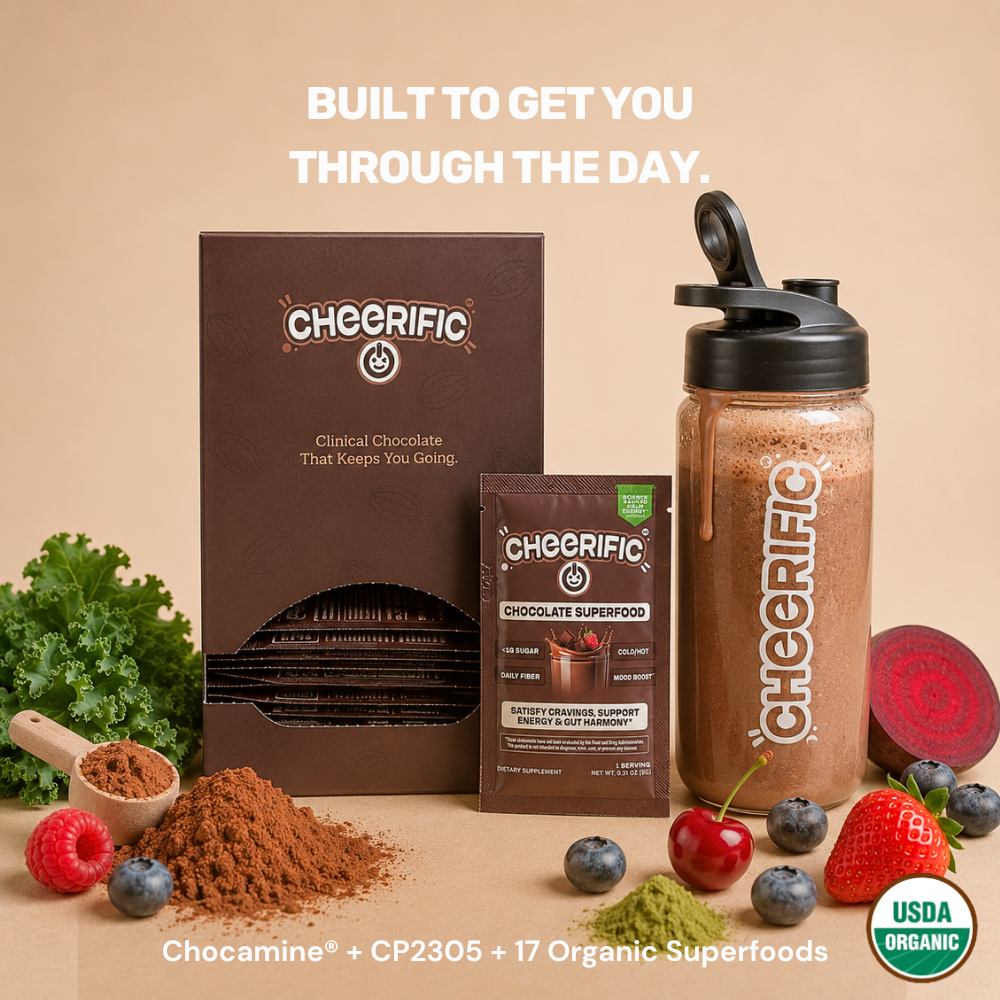 CHEERIFIC chocolate products with packaging and ingredients on a beige background
