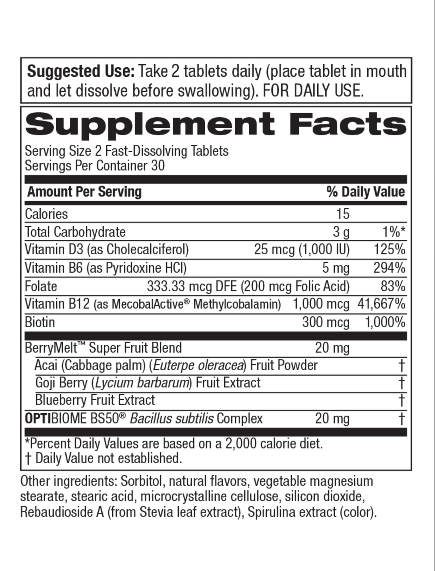 Supplement facts for berry mint B12 mints with probiotics, showing vitamins and ingredients for daily use.