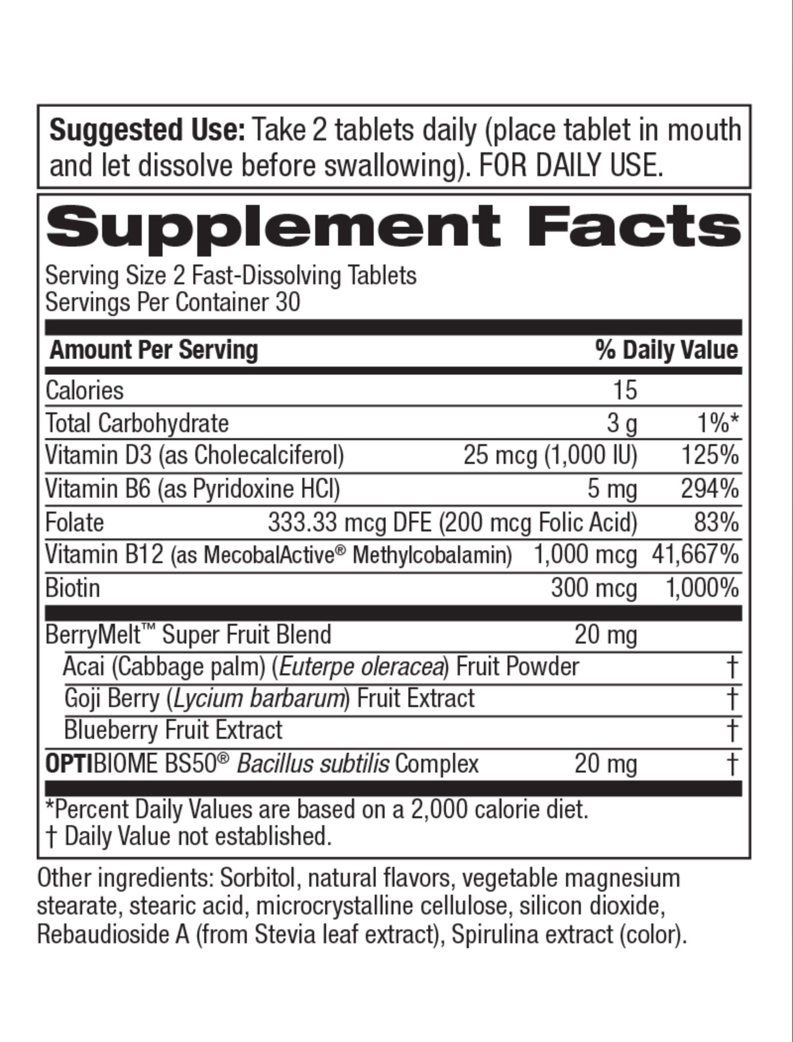 Supplement facts for berry mint B12 mints with probiotics, showing vitamins and ingredients for daily use.