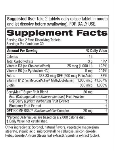 Supplement facts for berry mint B12 mints with probiotics, showing vitamins and ingredients for daily use.