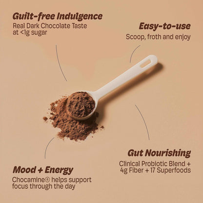 Guilt-free chocolate elixir powder in a scoop, highlighting energy, mood support, and probiotics with under 1g sugar.