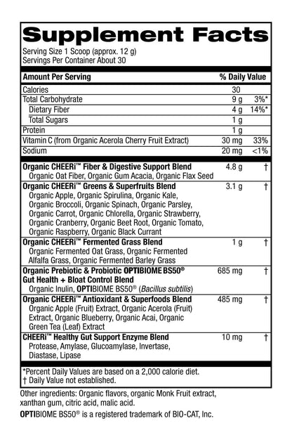Supplement facts for CHEERi Green Apple Bliss Elixir, detailing nutrients, fiber, probiotics, and superfood blends.