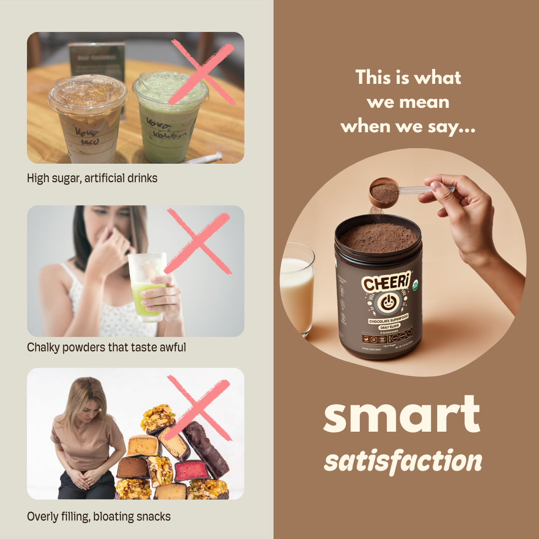 Comparison of CHEERi Organic Chocolate Elixir to unhealthy sugary drinks and chalky powders, promoting smart satisfaction.