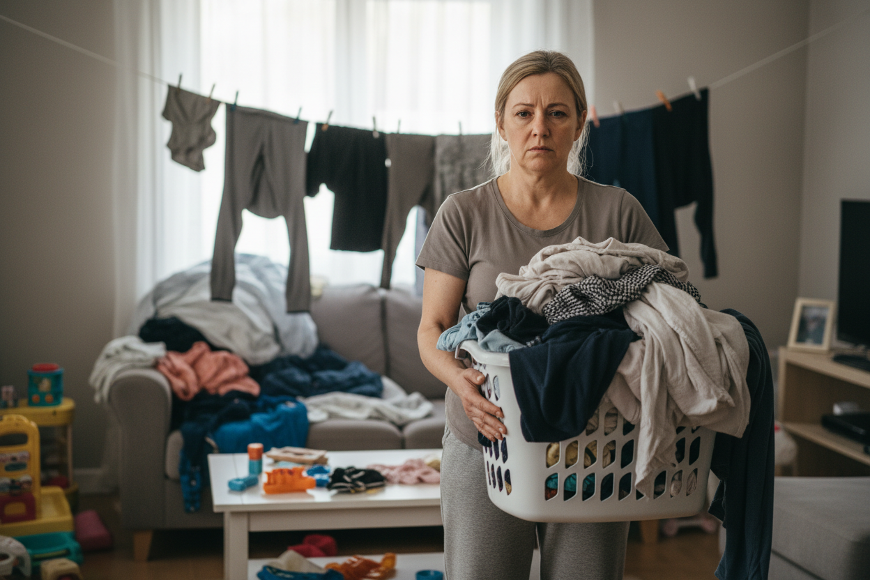 middle-age-woman-holding-laundry-basket-looking-stressed-in-her-house